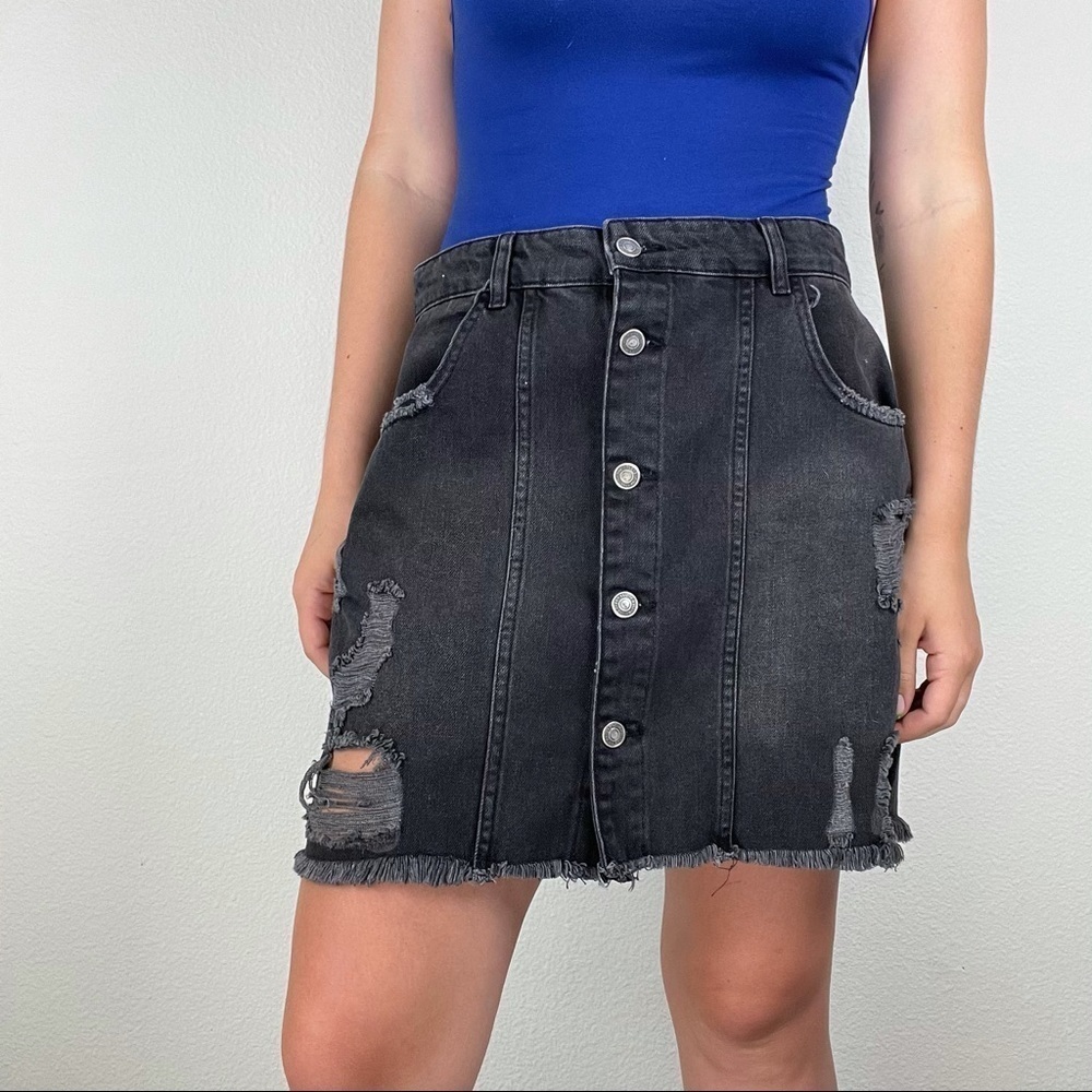 Free people distressed black denim mini skirt